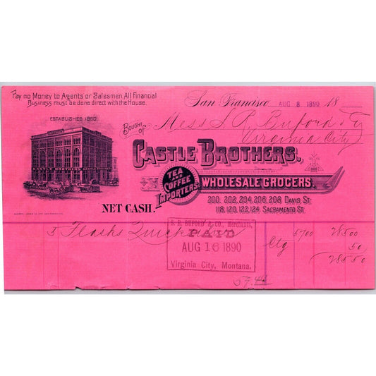 Castle Brothers Grocers San Francisco 1890 Billhead VGC Vignette