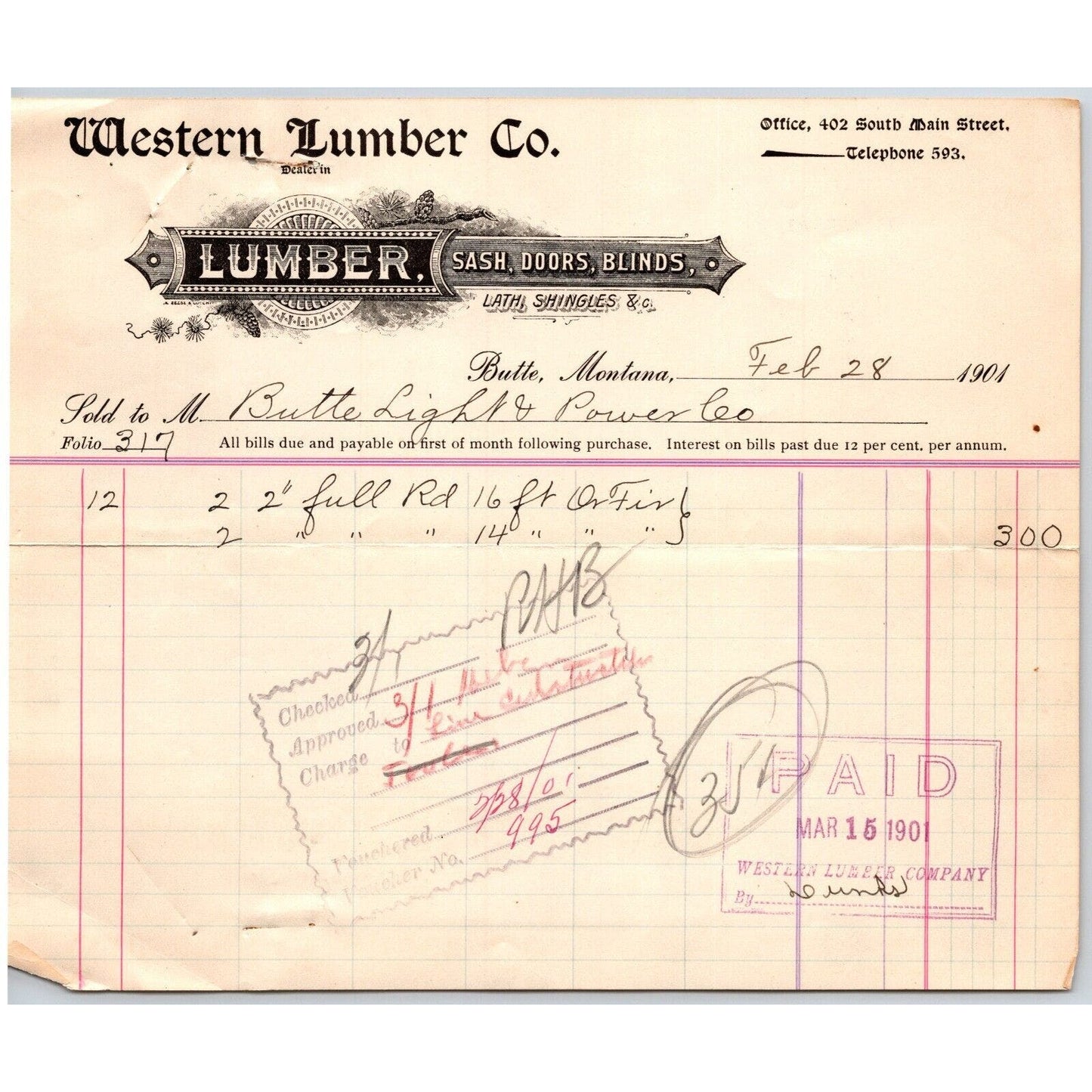 Butte, MT Western Lumber Co. 1901 Billhead to Butte Light & Power for 2" Fur