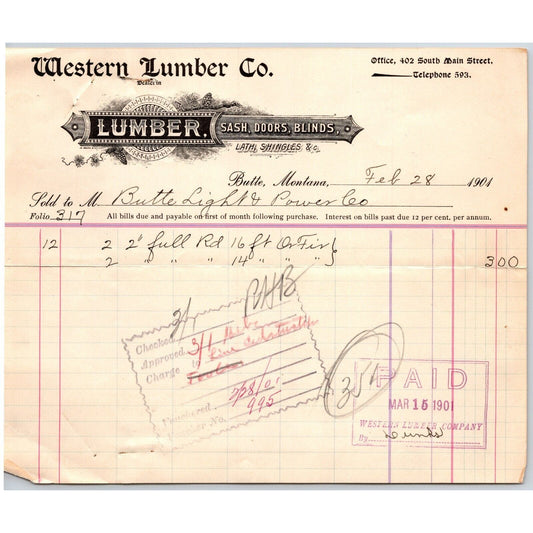 Butte, MT Western Lumber Co. 1901 Billhead to Butte Light & Power for 2" Fur