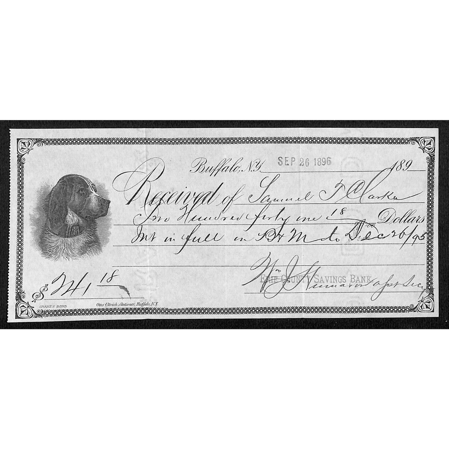 1896 Erie County Savings Bank Buffalo, NY / Samuel Clarke Receipt Dog Vignette
