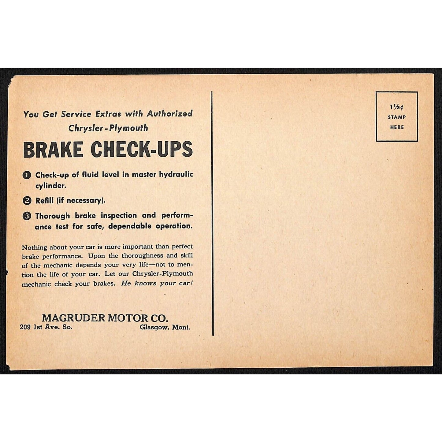 Magruder Motor Chrysler Plymouth Glasgow, MT Funny Brake Check Service Postcard
