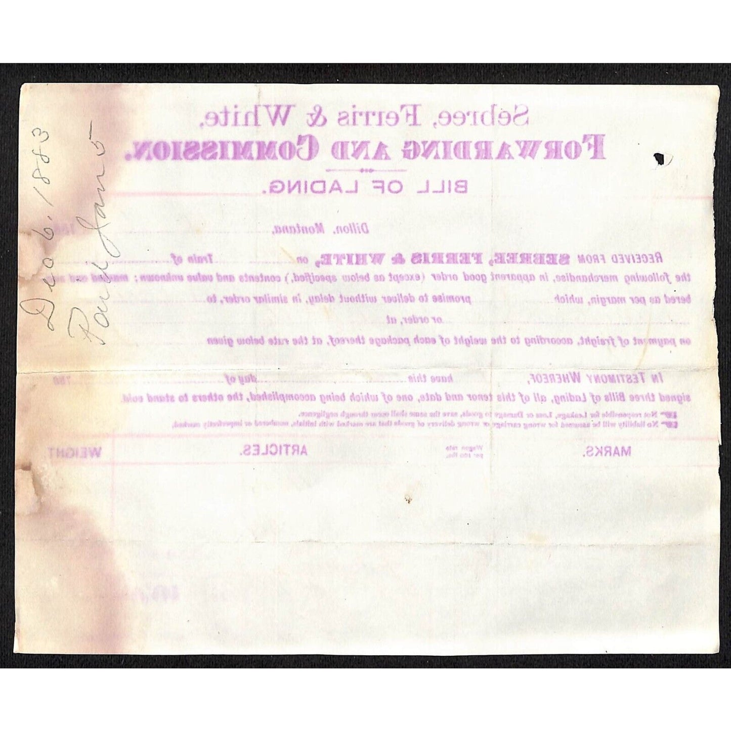 1883 Bill of Lading Sebree, Ferris & White Henry Elling* 9 Rolls Paper