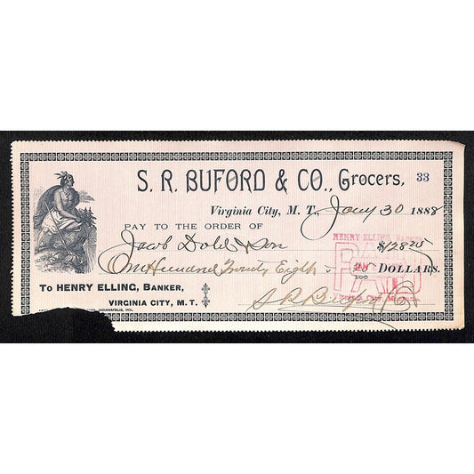 1888 Henry Elling Virginia City Montana Territory S.R. Buford Grocers Check #33