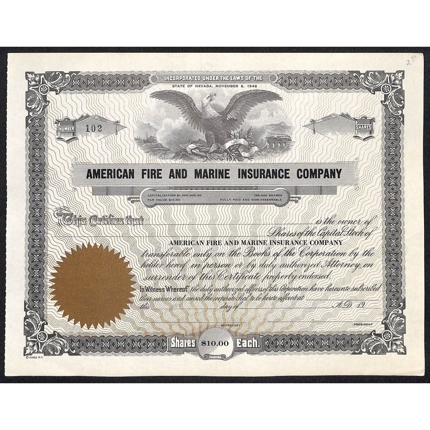 American Fire and Marine Insurance c1946 Stock Certificate - Unissued VGC