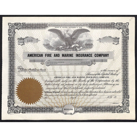 American Fire and Marine Insurance c1946 Stock Certificate - Unissued VGC