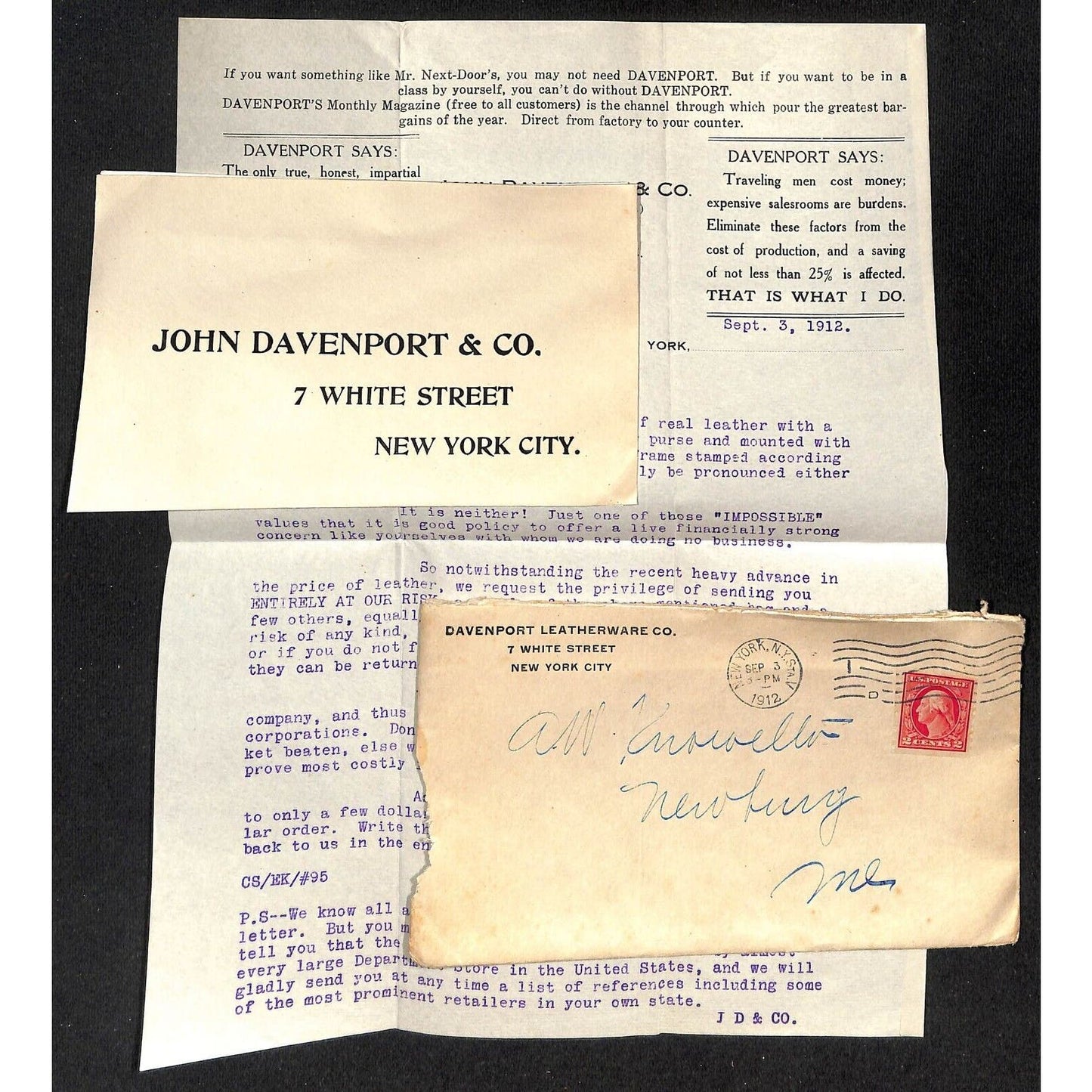 John Davenport Leatherware 7 White St. NYC Letterhead & Cover Knowlton*