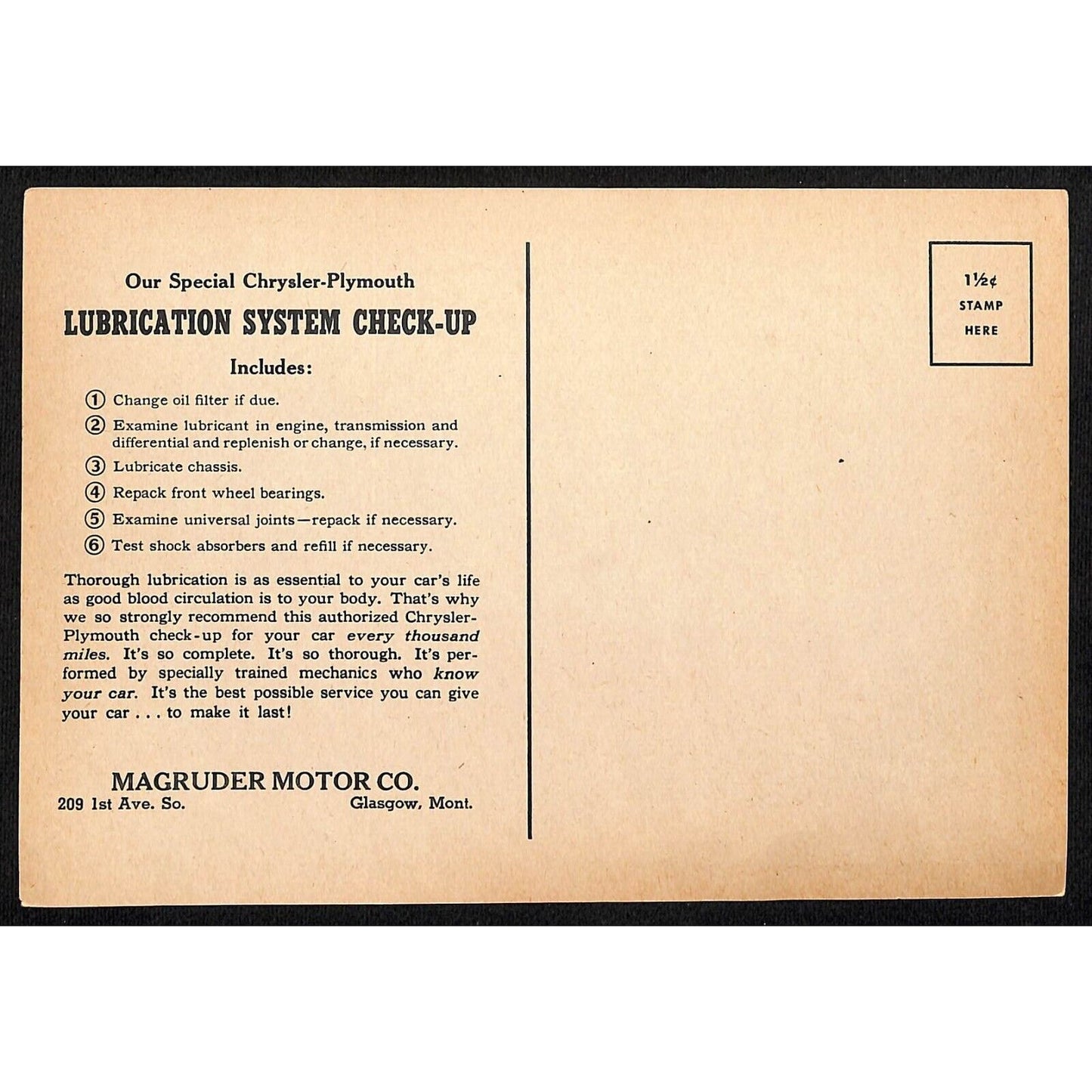 Magruder Motor Chrysler Plymouth Glasgow, MT Funny Lube Check Service Postcard