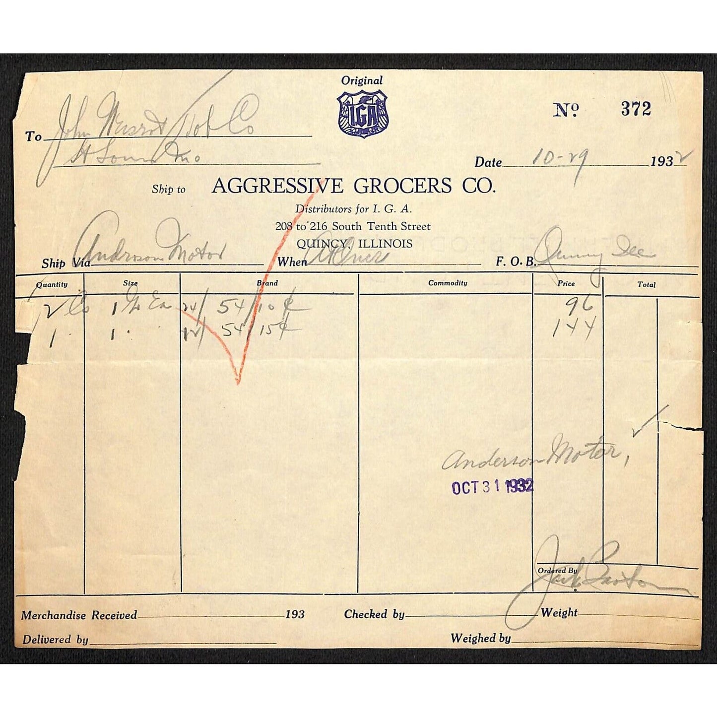 Aggressive Grocers Co. Quincy, IL 1932 Billhead