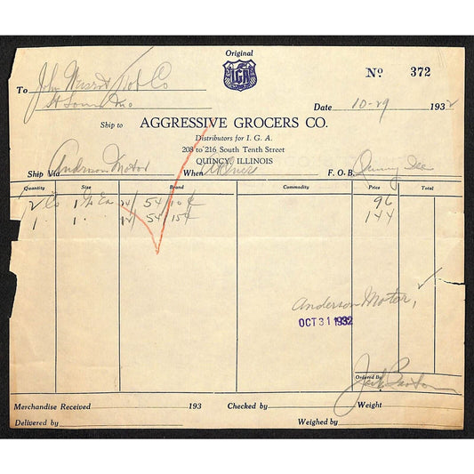 Aggressive Grocers Co. Quincy, IL 1932 Billhead