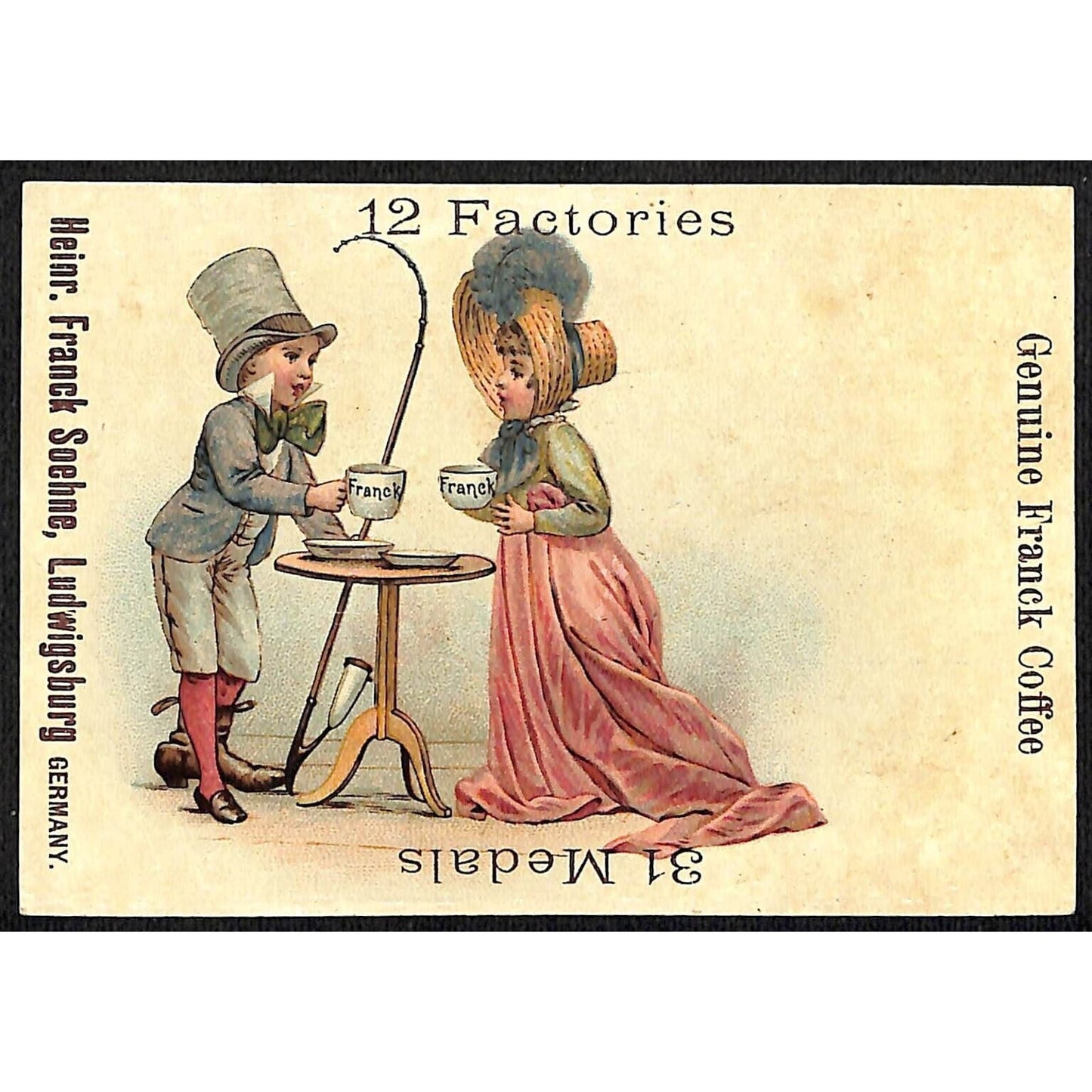 Heinr. Franck Soehne & Co. Victorian Trade Card Couple Chat Over Coffee