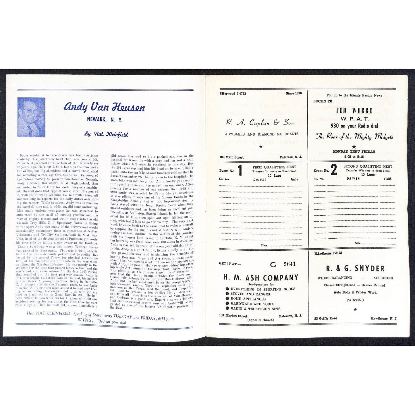 Hinchliffe Stadium Midget Auto Races 1947 Program Andy Van Heusen 4pp VGC