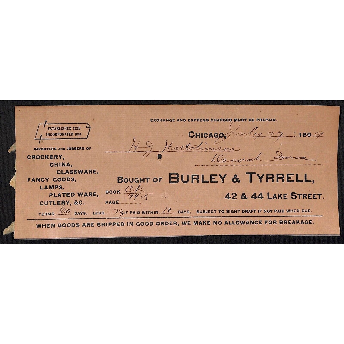 Burley & Tyrrell Crockery Chicago Hutchinson Decorah IA* Cut 1899 Billhead