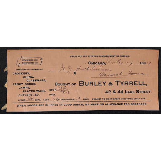 Burley & Tyrrell Crockery Chicago Hutchinson Decorah IA* Cut 1899 Billhead