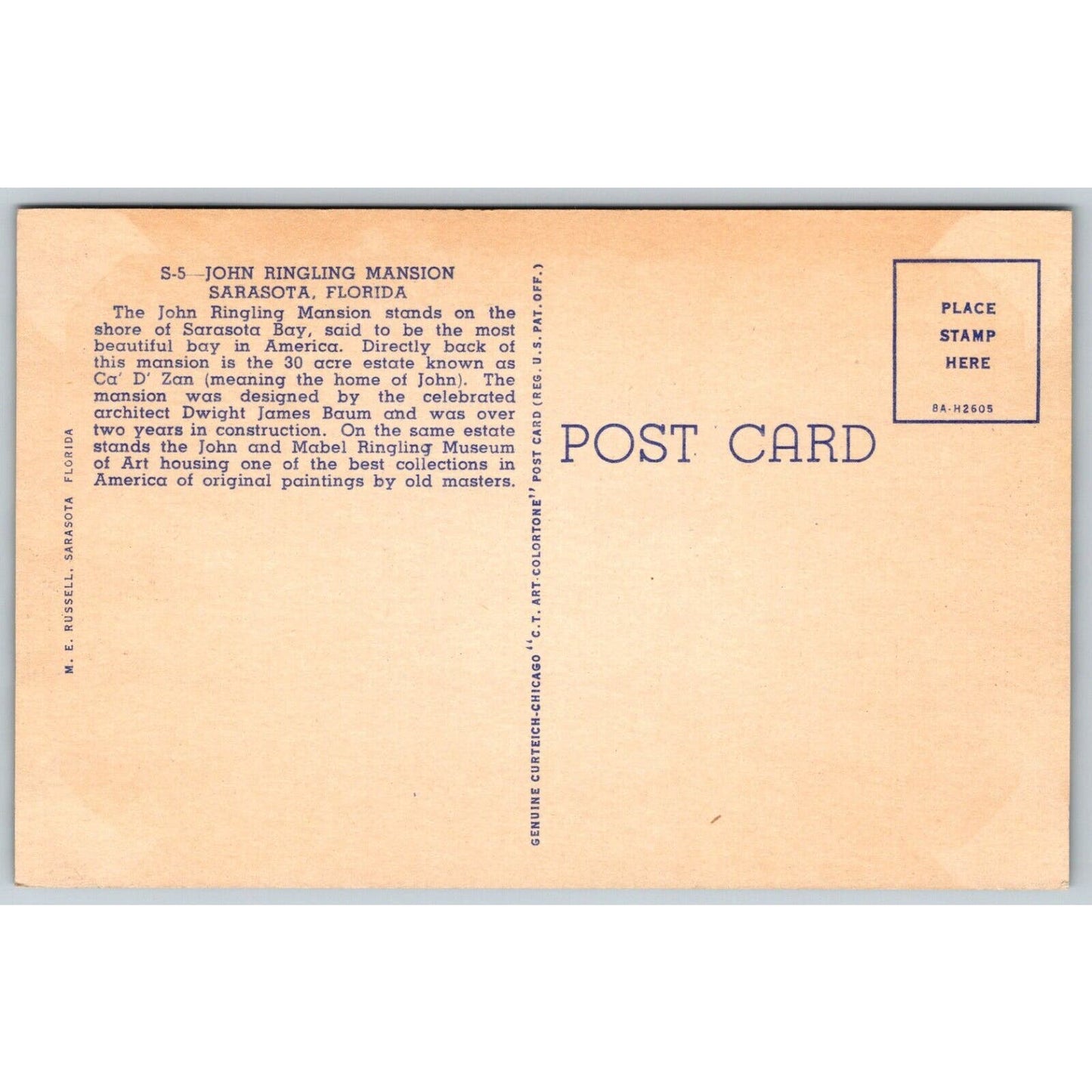 John Ringling Mansion Circus Sarasota Bradenton Linen Postcard c1935-50 NP VGC