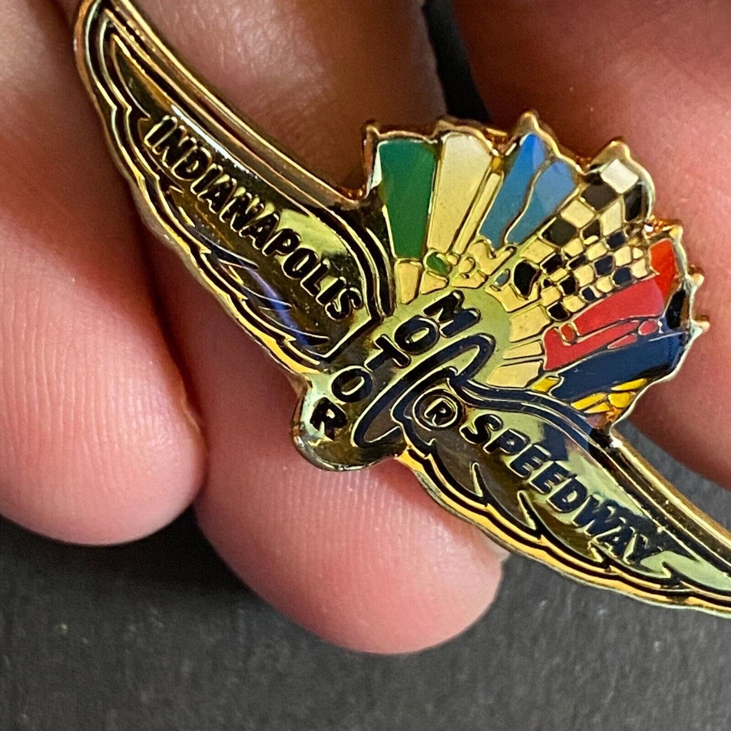 Indy 500 Winged Wheel / Flags Logo Enameled Lapel Pin c1986-95 17mm x 38mm VGC