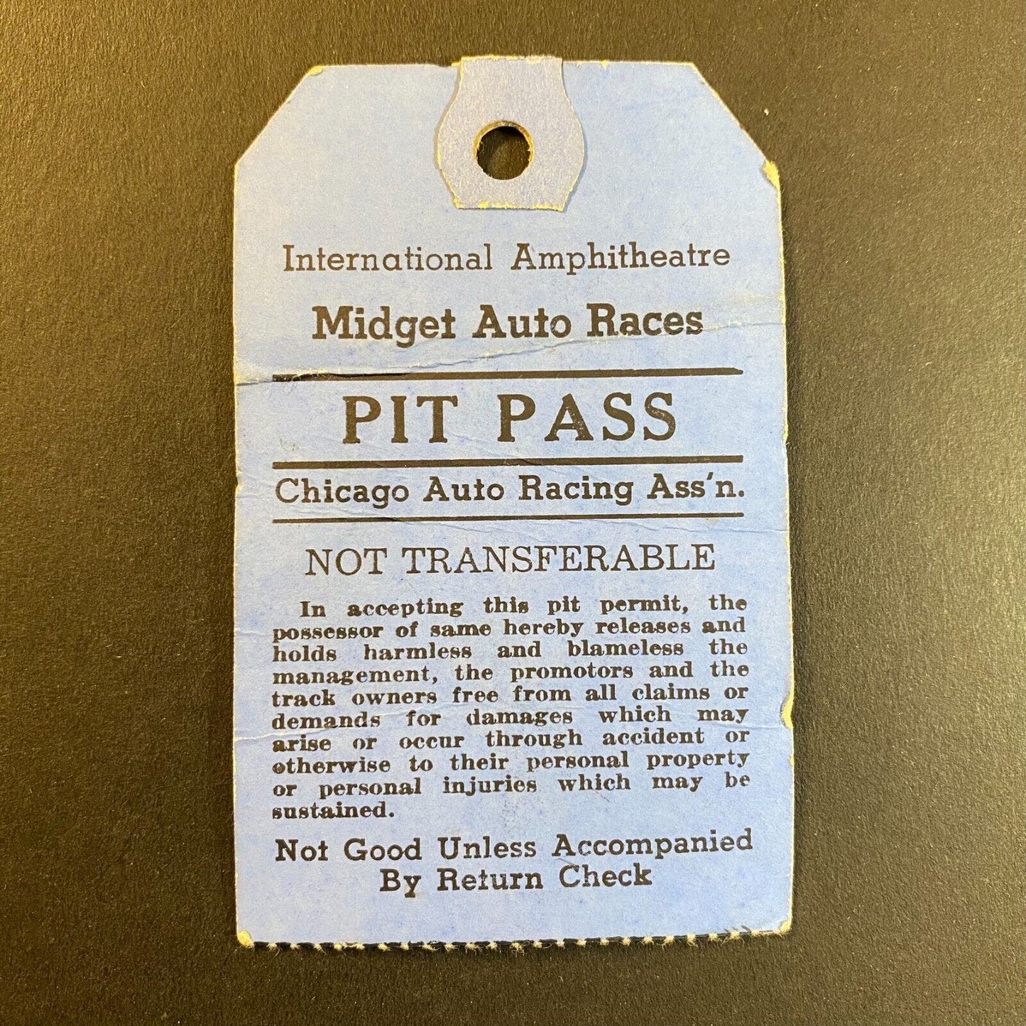 International Amphitheatre Midget Auto Races Pit Pass c1947 Chicago Auto Racing