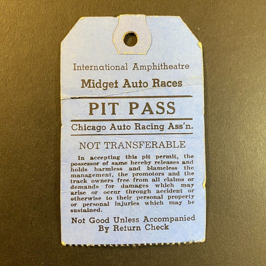 International Amphitheatre Midget Auto Races Pit Pass c1947 Chicago Auto Racing