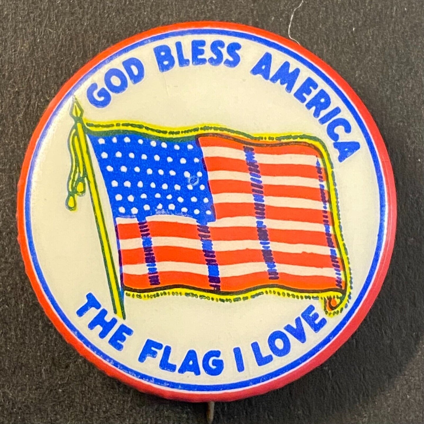 "God Bless America The Flag that I Love" 48 Star Steel Pinback 1 1/8" c1940's