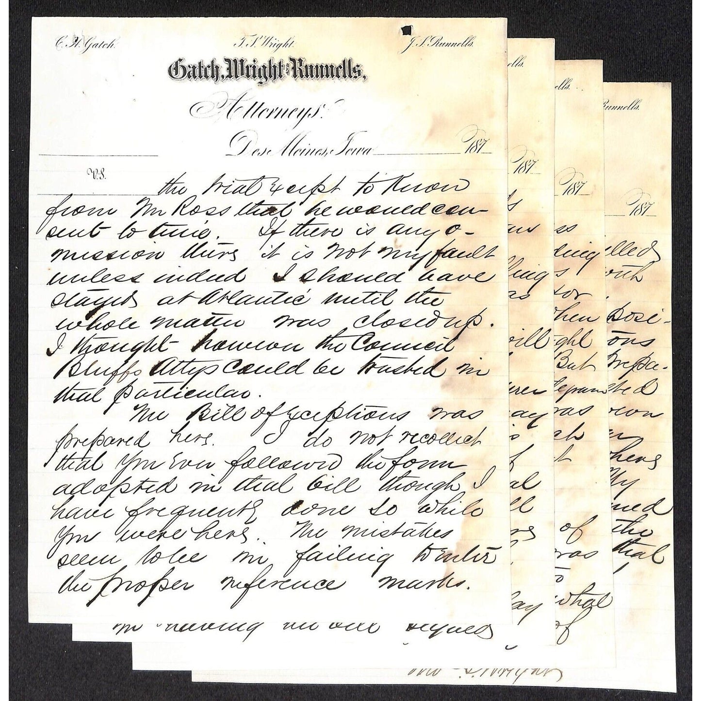 Gatch, Wright and Runnells Des Moines 1873 5pp ALS Letterhead Suit vs. CRI&P RR