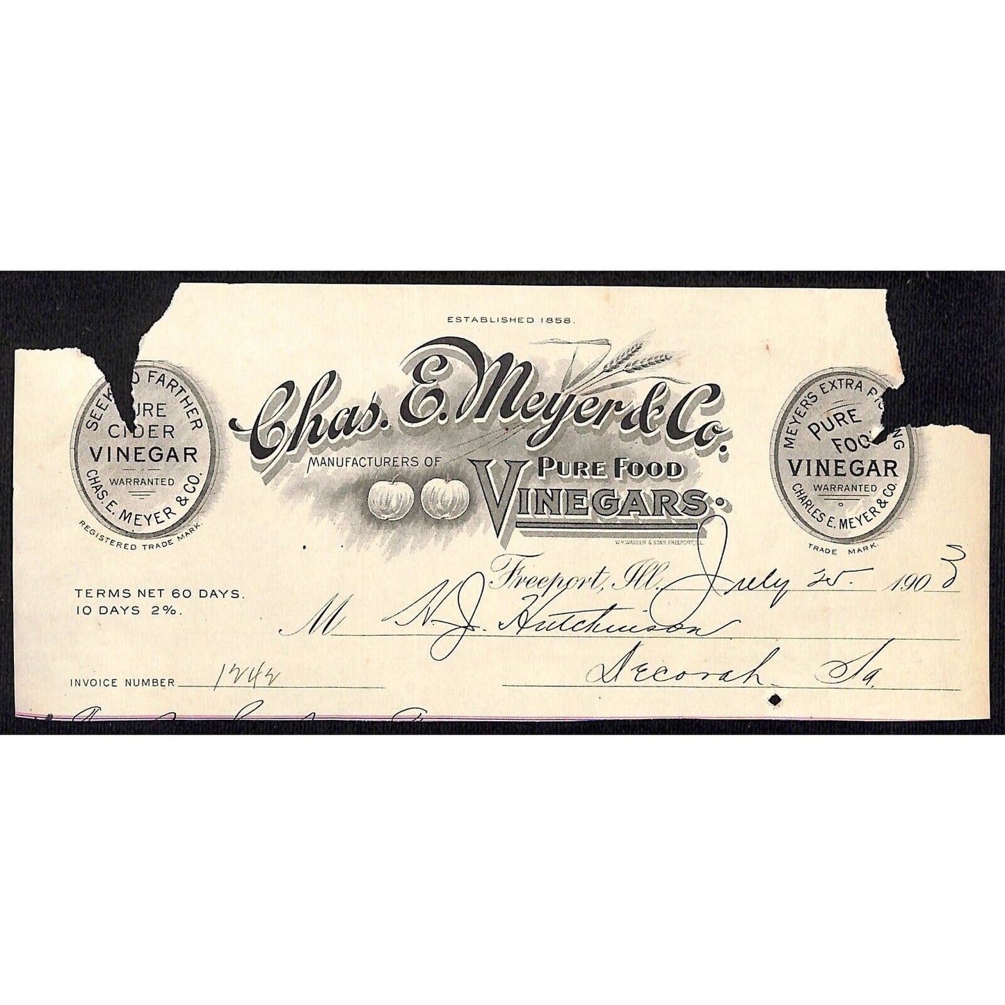 Chas. E. Meyer & Co. Freeport, IL HJ Hutchinson Decorah IA* Cut 1903 Billhead