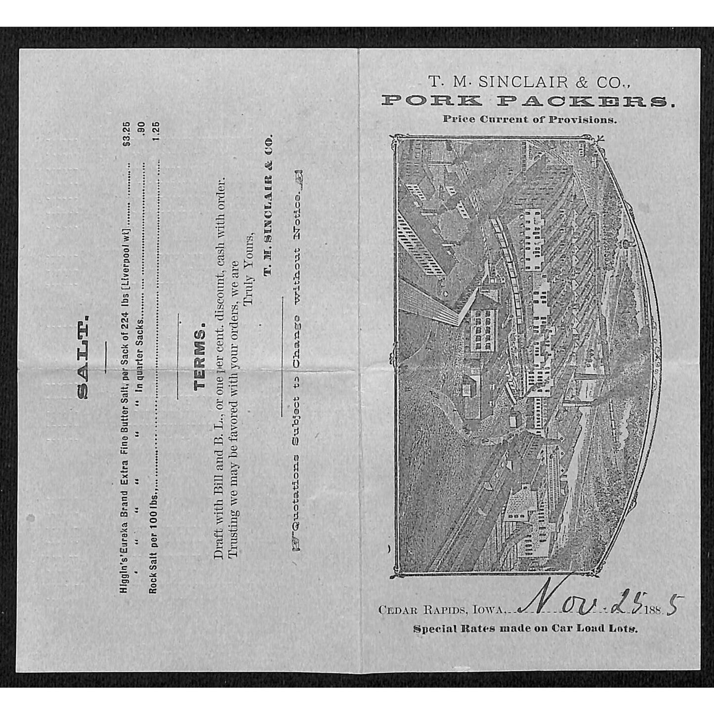 T.M. Sinclair & Co. Pork Packers Cedar Rapids, IA Small Price Sheet 11/25 1885
