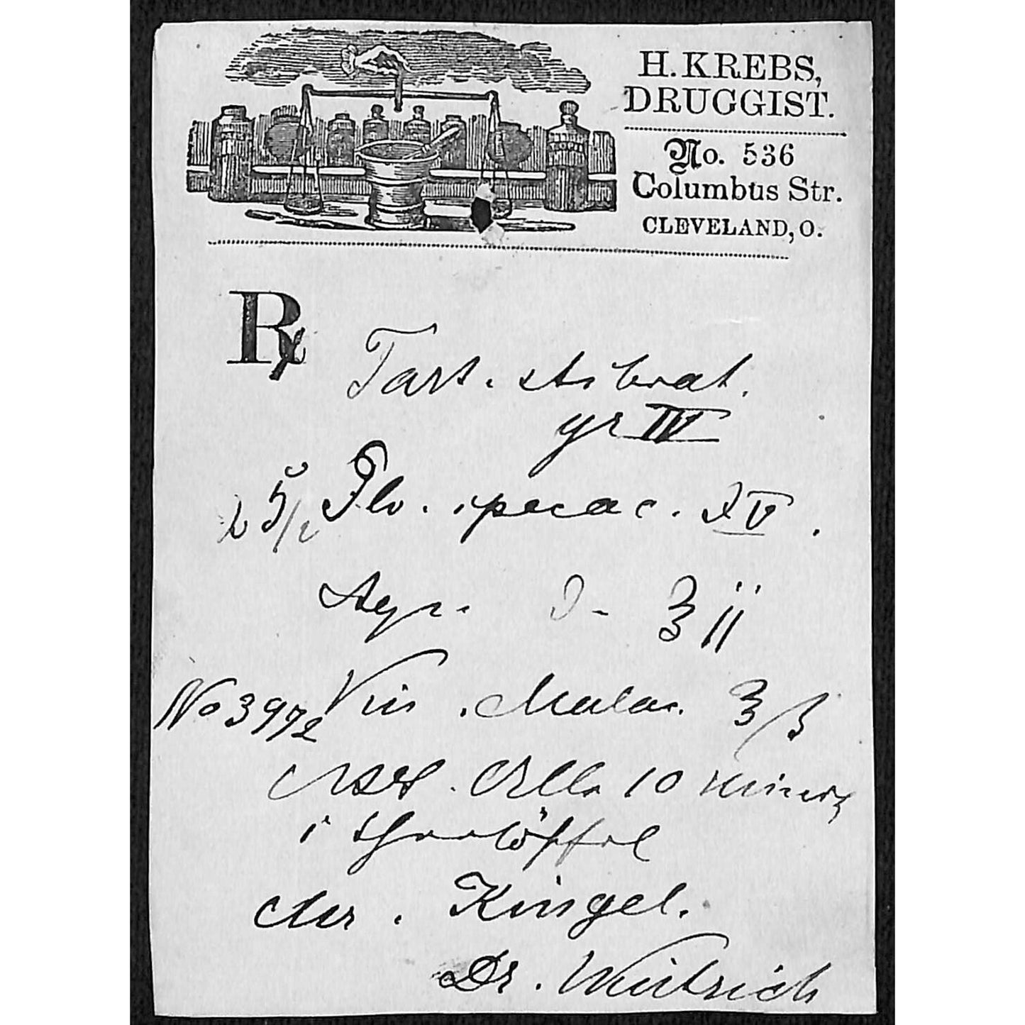 H. Krebs, Druggist Columbus St. Cleveland c1870's* Prescription #3972