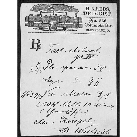 H. Krebs, Druggist Columbus St. Cleveland c1870's* Prescription #3972