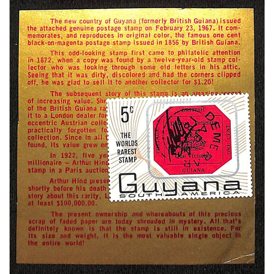 1967 Guyana South America Commemorative One Cent 1856 Stamp on Info Card