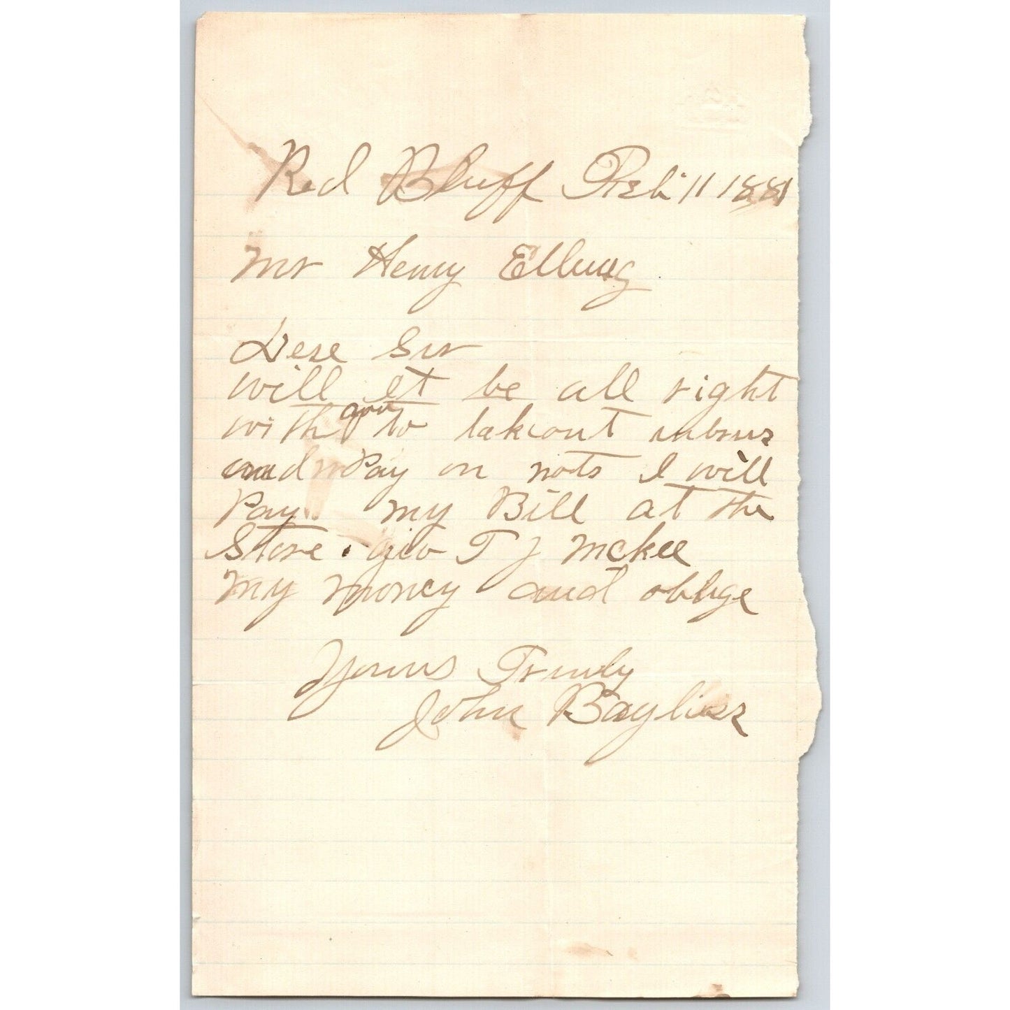 1881 John Bayliss Red Bluff, MT ALS to Henry Elling* "..Will Pay my Bill.."