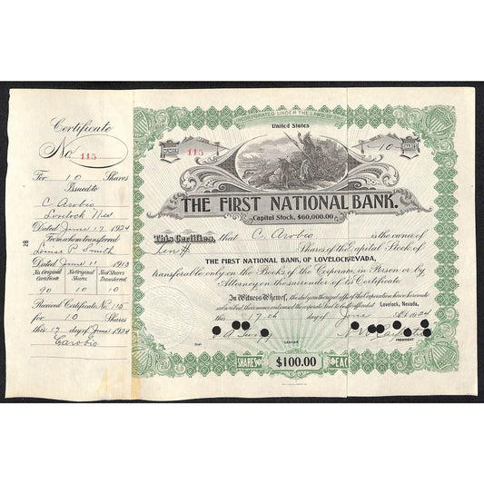 First National Bank of Lovelock, NV 1924 Stock Certificate to C. Arobio