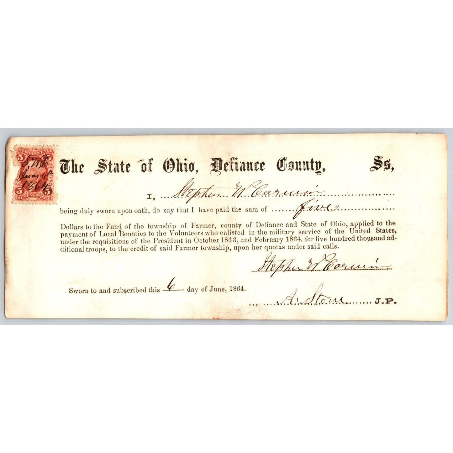 Civil War Farmer Township, OH Defiance 1864 Bounty Receipt - Stephen Carwin ?