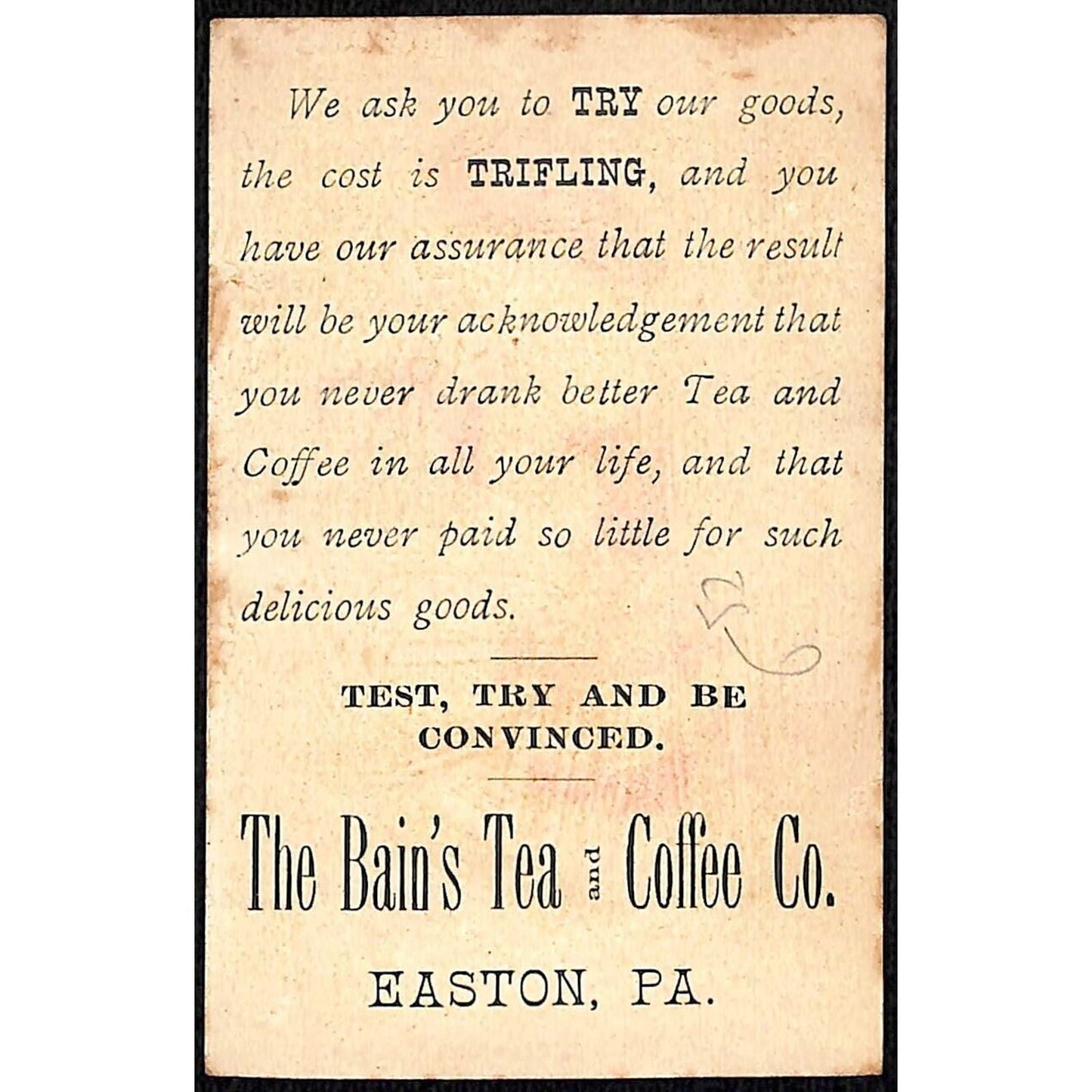 Easton, PA Bain's Tea and Coffee Co. Victorian Trade Card Boy Winter Mountains V