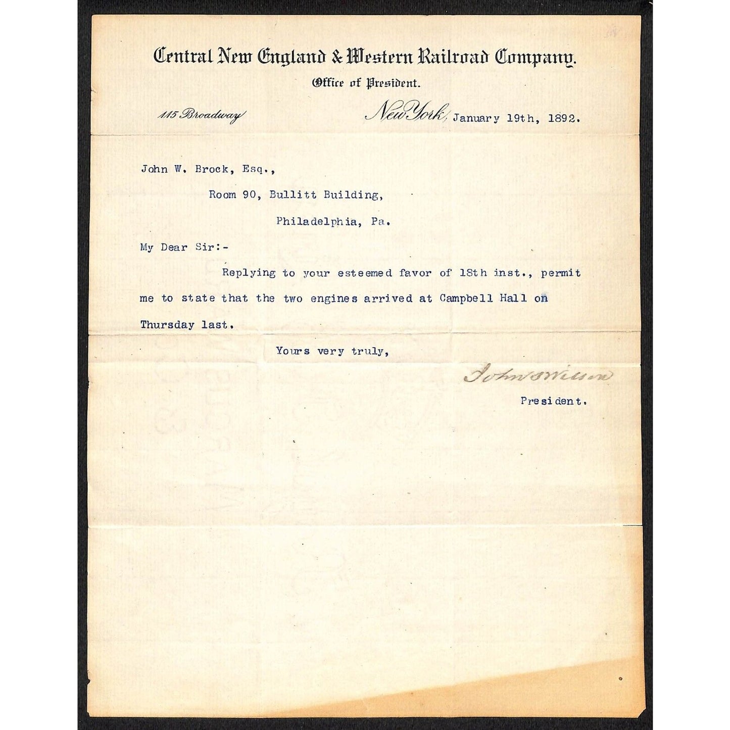 Central New England & Western R.R. 1892 Letterhead re: "..Two Engines Arrived.."