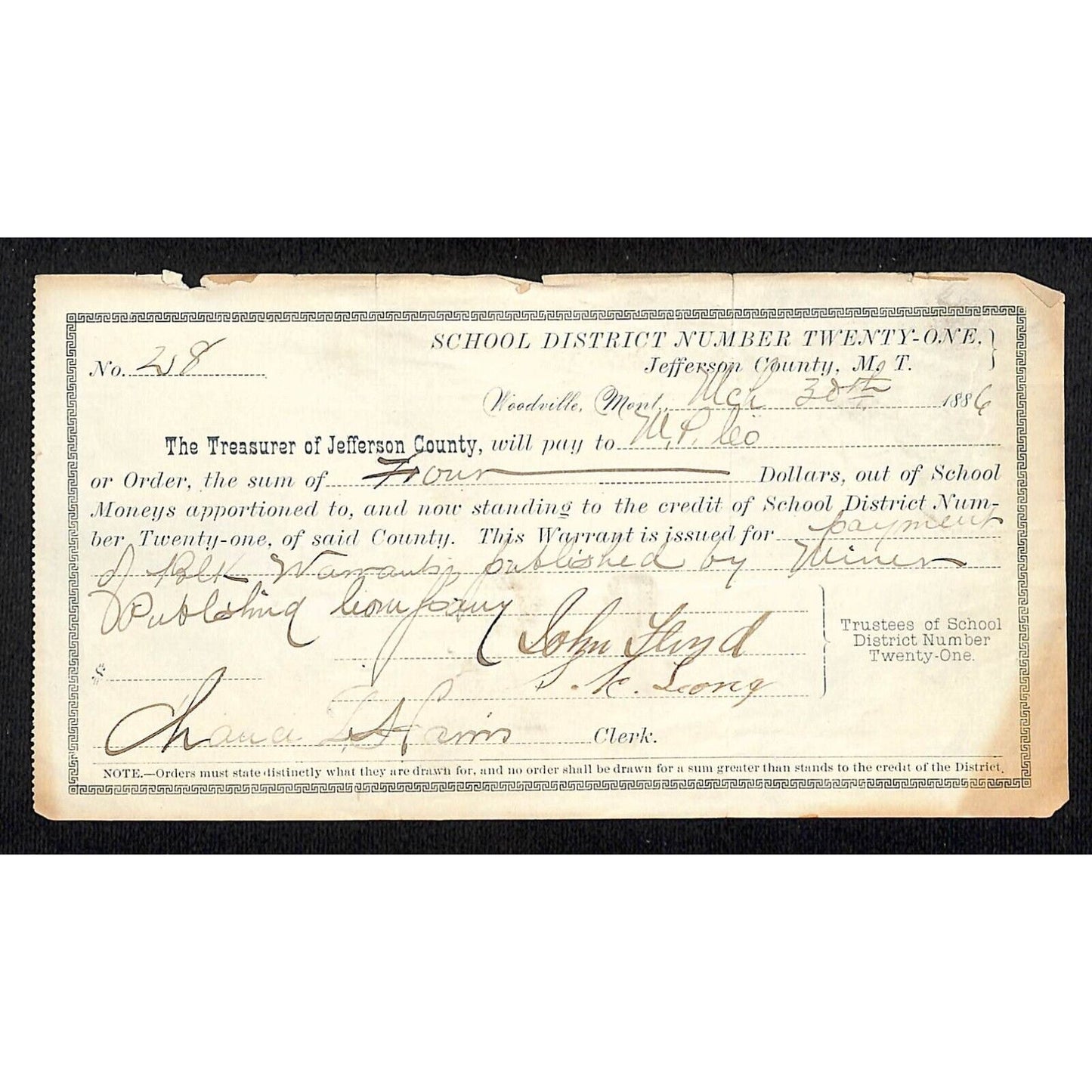 1886 Woodville, MT School District #21 Warrant - for Blank Warrants Published ?
