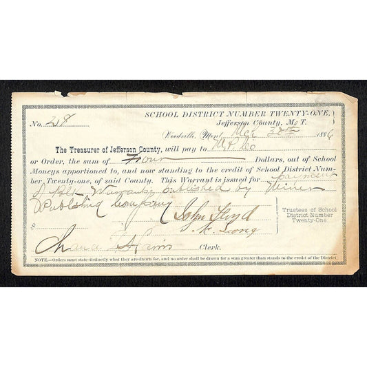 1886 Woodville, MT School District #21 Warrant - for Blank Warrants Published ?