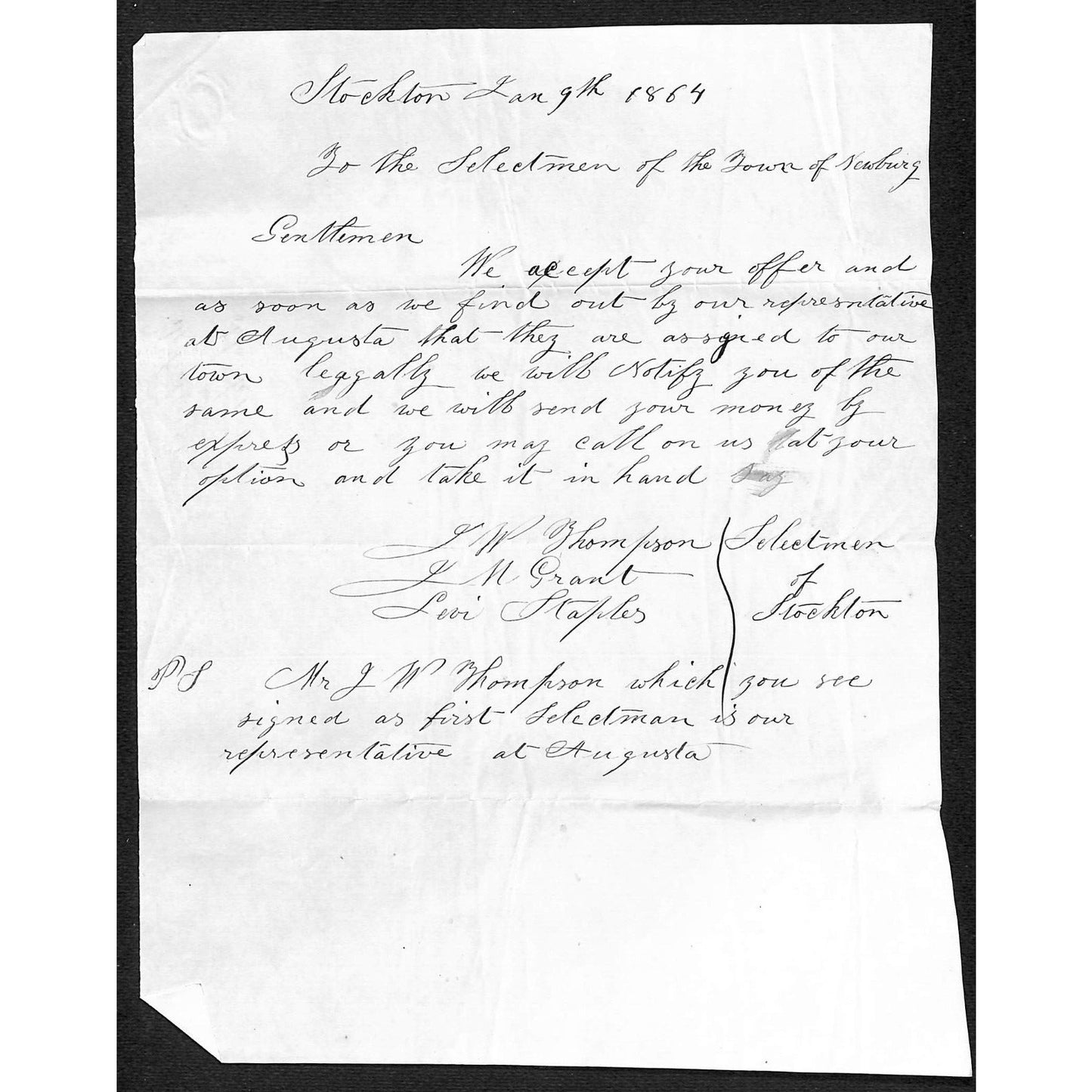 1864 Stockton, ME* Letter of Offer Acceptance Thompson Grant Staples Selectmen