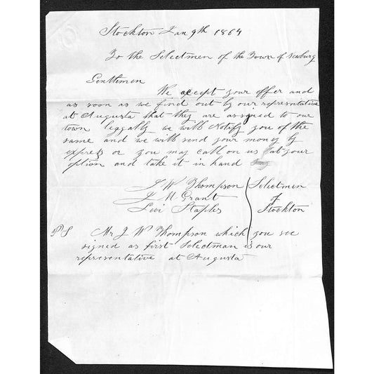 1864 Stockton, ME* Letter of Offer Acceptance Thompson Grant Staples Selectmen