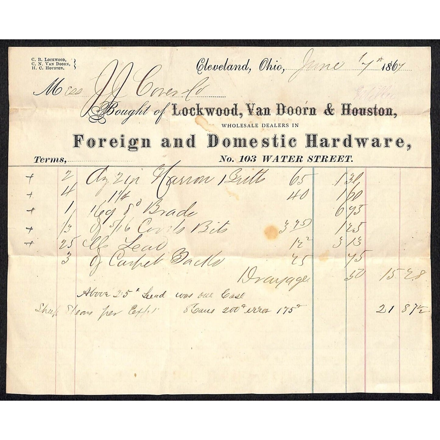 Lockwood, Van Doorn & Houston Hardware Cleveland 1867 - Billhead J.J. Cover*