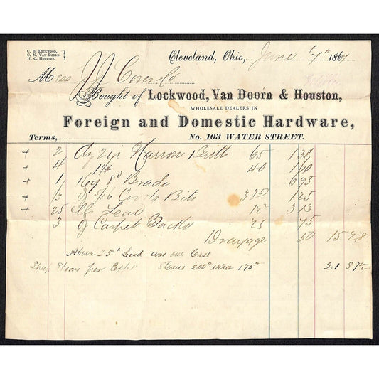 Lockwood, Van Doorn & Houston Hardware Cleveland 1867 - Billhead J.J. Cover*