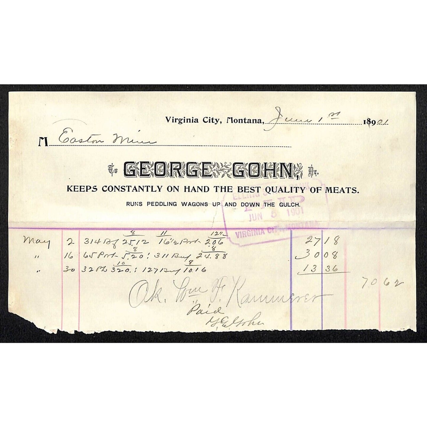 1901 George Gohn "Runs Peddling Wagons Up and Down the Gulch" Virginia City, MT