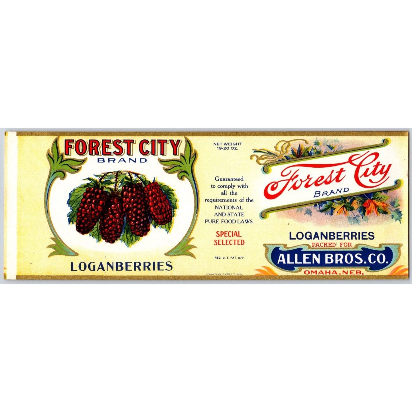 Loganberries Forest City Allen Bros. Omaha Paper Can Label c1920's-30's NOS VGC