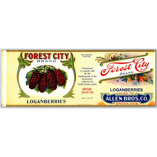 Loganberries Forest City Allen Bros. Omaha Paper Can Label c1920's-30's NOS VGC