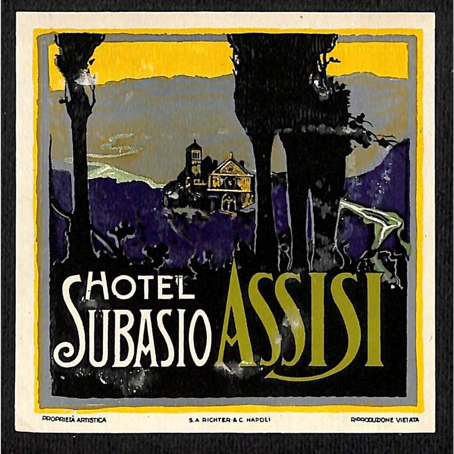 Hotel Subasio Assisi Luggage Label Vintage Original c1940's-50's