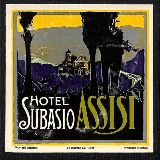 Hotel Subasio Assisi Luggage Label Vintage Original c1940's-50's
