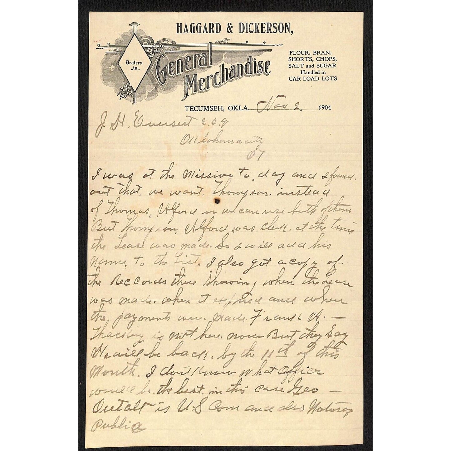 1904 Haggard & Dickerson Gen Mdse Tecumseh, OK Indian Territory ALS Letterhead