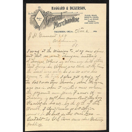 1904 Haggard & Dickerson Gen Mdse Tecumseh, OK Indian Territory ALS Letterhead