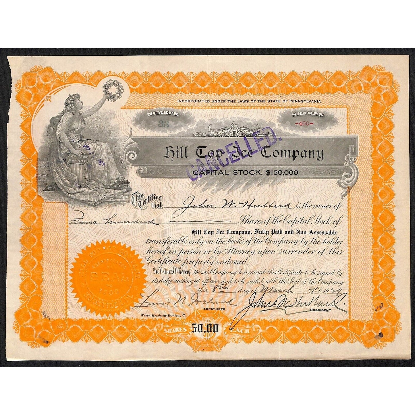 Hill Top Ice Company Pittsburgh 1929 Stock Certificate John Hubbard #33 Scarce
