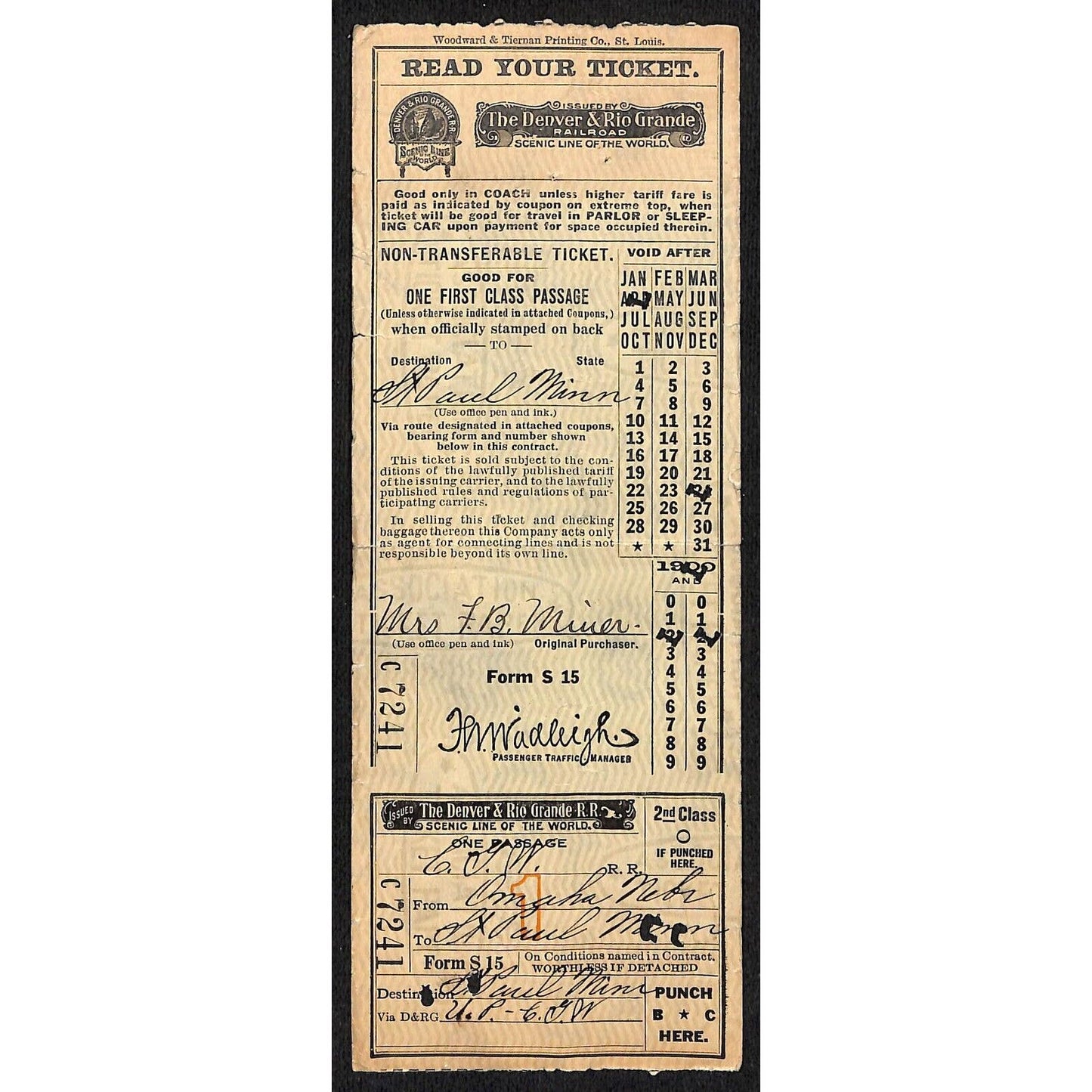Denver & Rio Grande RR 1922 Ticket Omaha, NE to St. Paul, MN #7241 Scarce