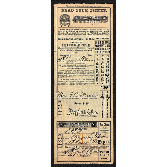 Denver & Rio Grande RR 1922 Ticket Omaha, NE to St. Paul, MN #7241 Scarce