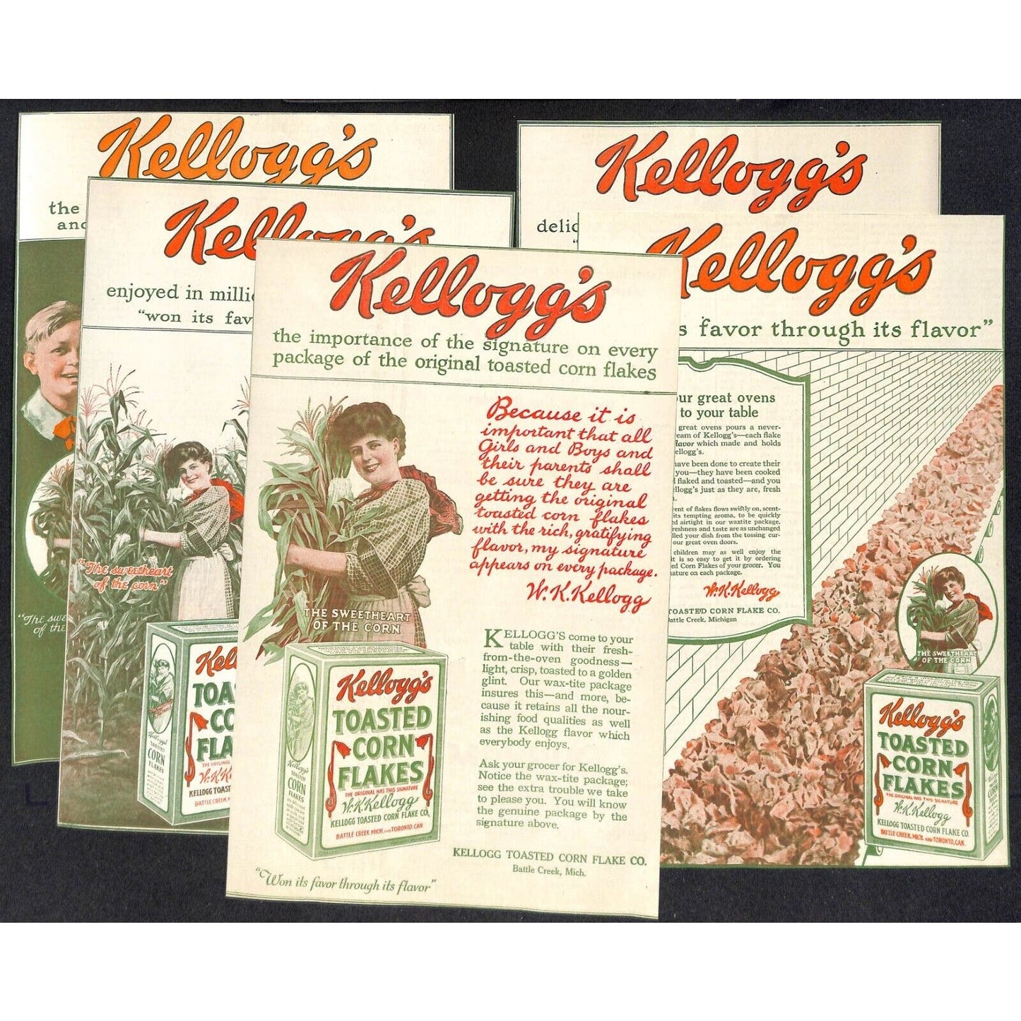 Kellogg's Toasted Corn Flakes Group of 5 Color c1919 Large Magazine Ads